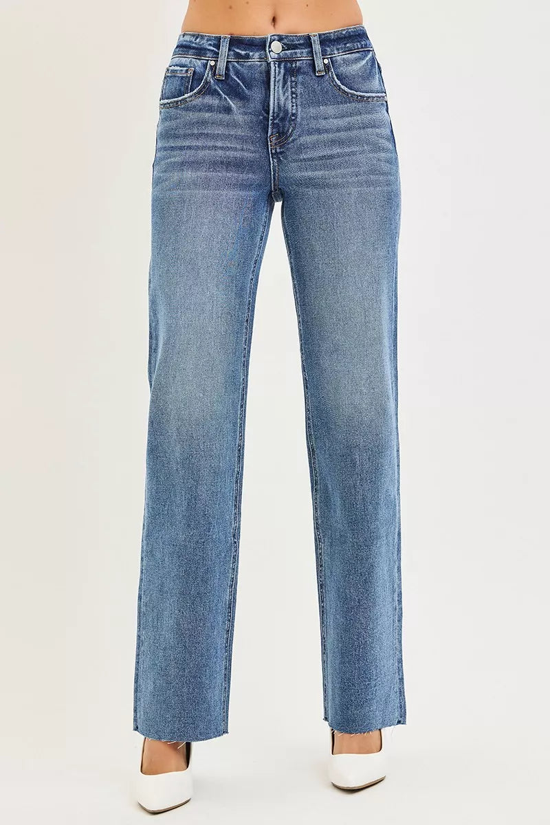RISEN Tummy Control 4-Way Stretch Mid Rise Straight Blue Denim Jeans