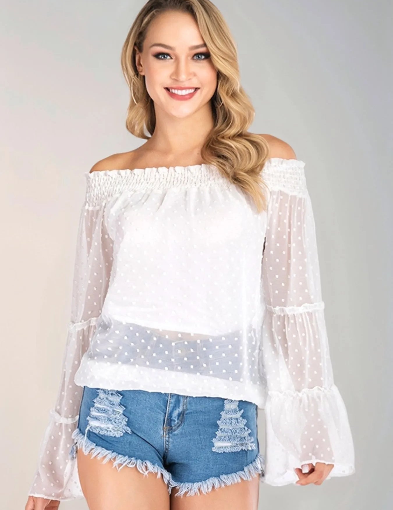 White Swiss Dot Off-Shoulder Blouse | Blouses Daverri Fashions