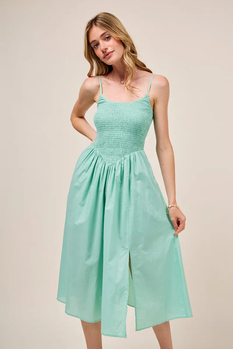 SO ME Smocked Sleeveless Casual Everyday Dress With Slit SAGE