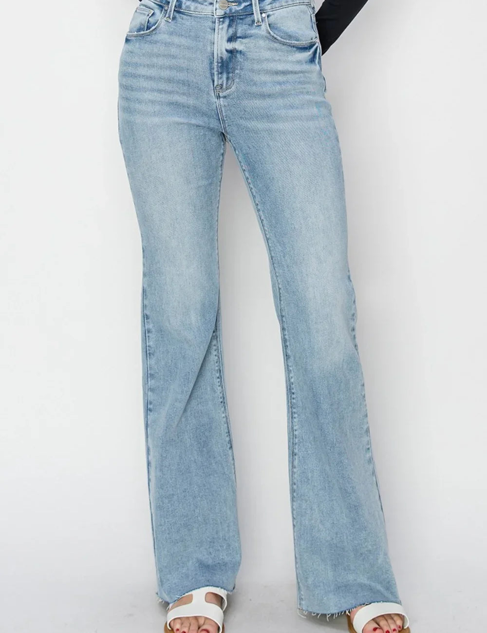 Light blue Risen high-rise raw cut hem bootcut flare jeans