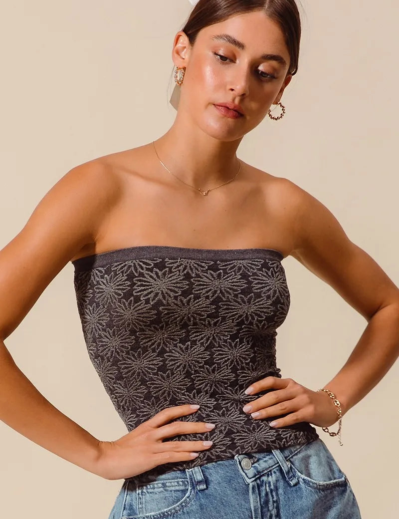 2TONE BLACK SO ME Jacquard Floral Two Tone Seamless Tube Top | Tops Daverri Fashions
