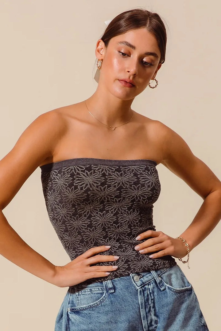SO ME Jacquard Floral Two Tone Seamless Tube Top 2TONE BLACK Tube Tops