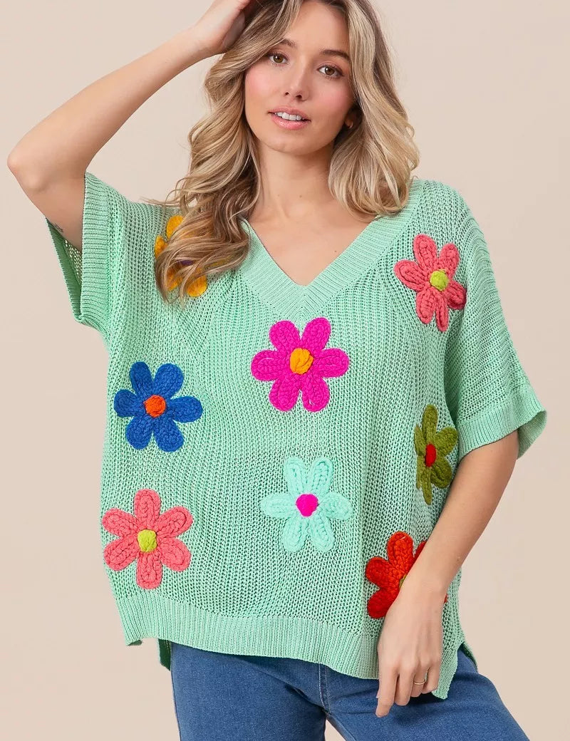 BiBi Flower Patches Dolman Sleeve Lightweight Sweater | Daverri Fashions
