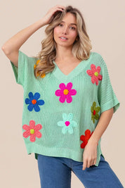 BiBi Flower Patches Dolman Sleeve Lightweight Sweater | Daverri Fashions