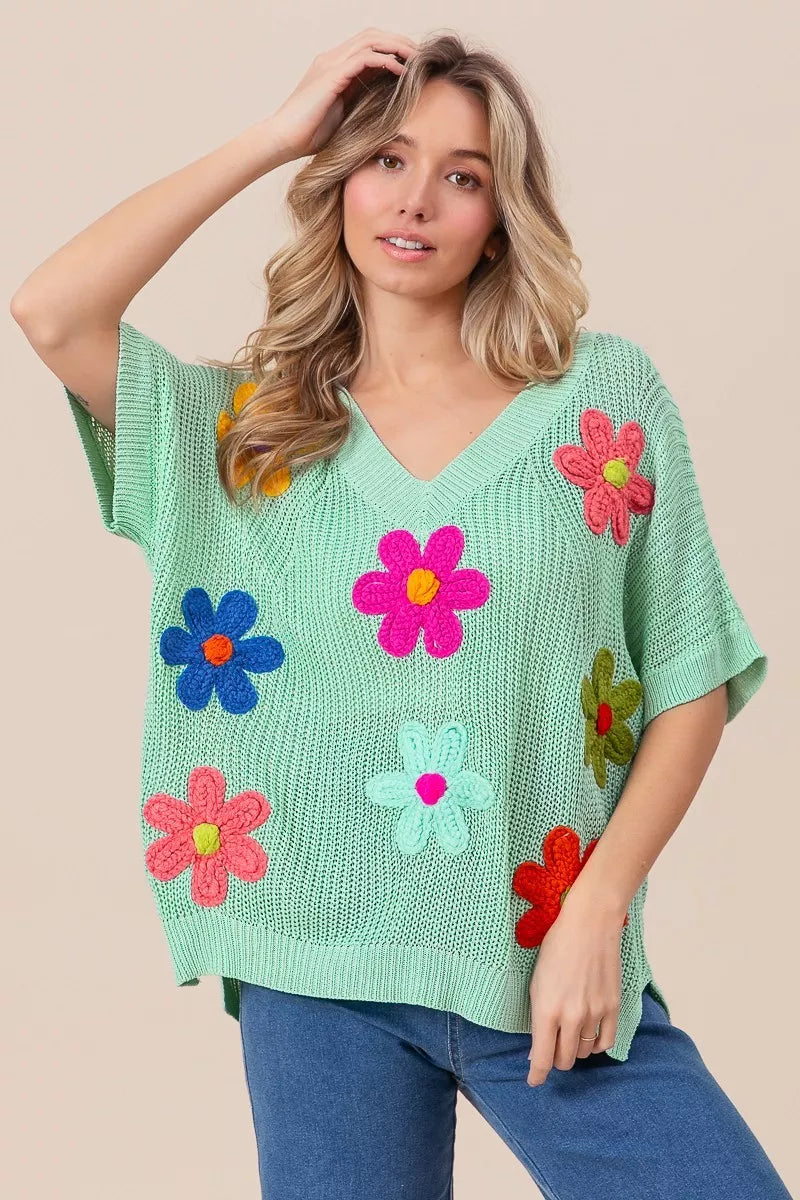 BiBi Flower Patches Dolman Sleeve Lightweight Sweater | Daverri Fashions