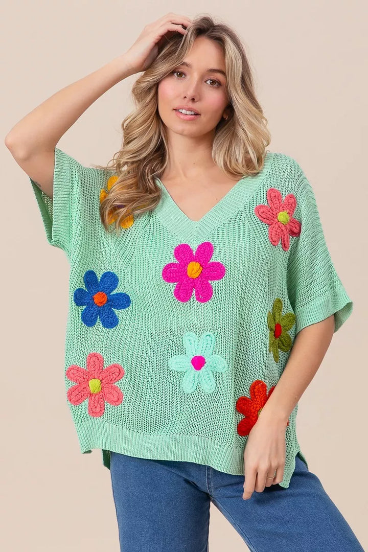 BiBi Flower Patches Dolman Sleeve Lightweight Sweater | Daverri Fashions