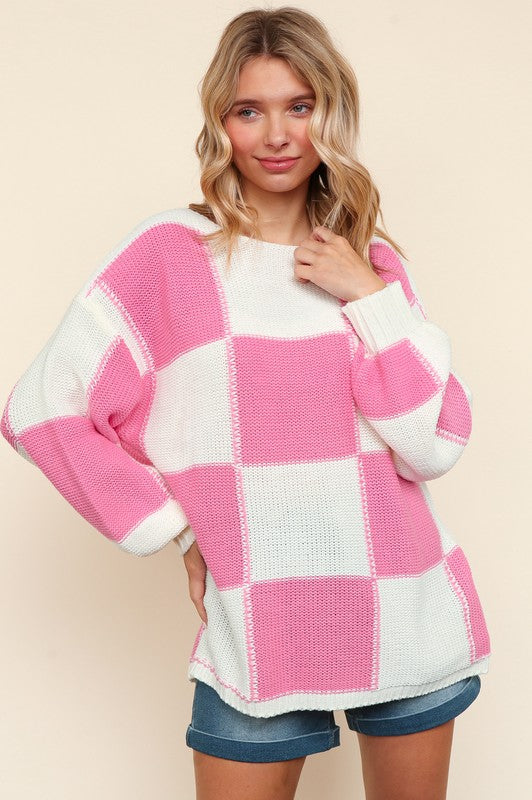 Checkered Round Neck Drop Shoulder Sweater Sweaters