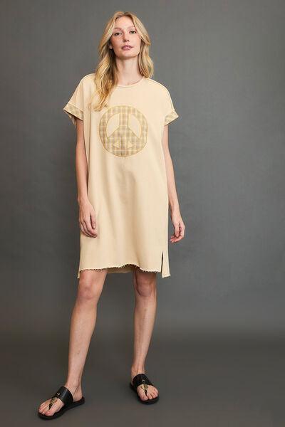 Umgee Peace Plaid Applique Short Sleeve Mini Dress Mini Dresses