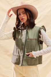 SO ME Washed Denim Stitch Ruffled Hidden Button Vest Top | Daverri Fashions