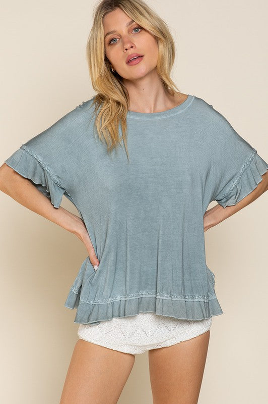 Peek-a-boo Ruffle Overlay Knit Top BLUE SAGE S