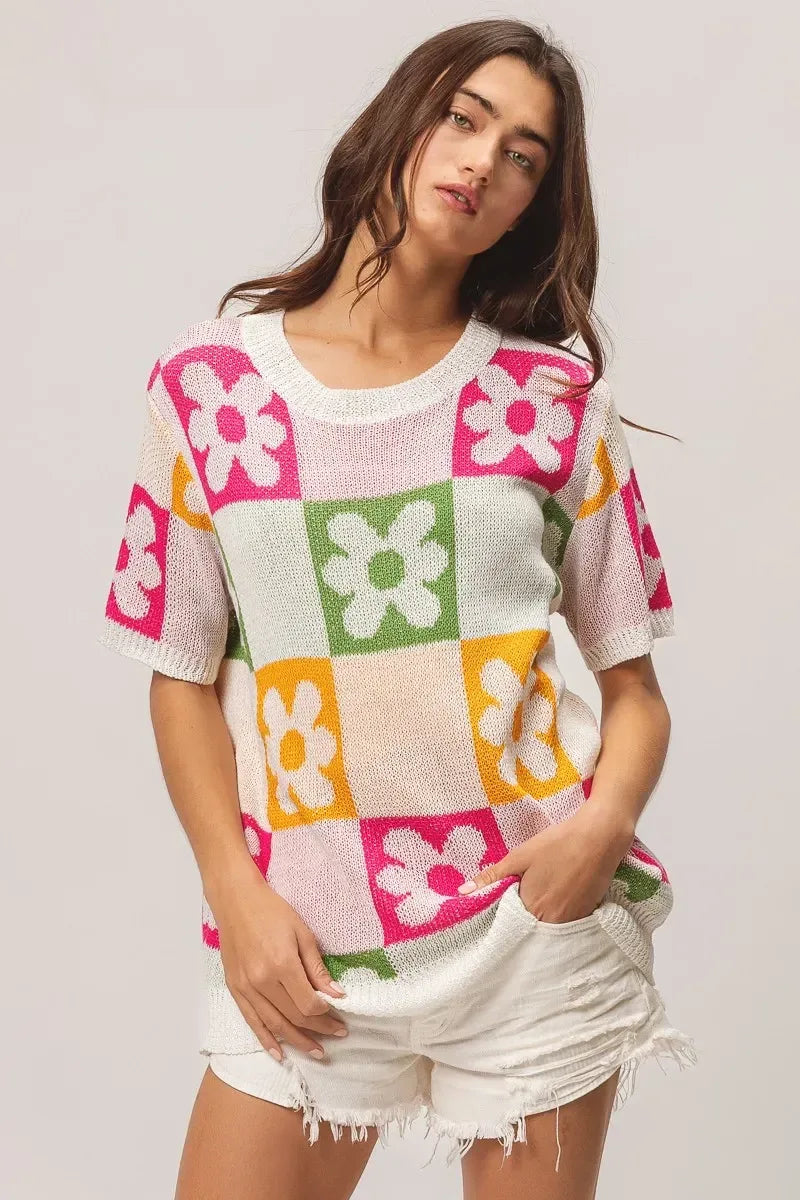 BiBi Flower Checker Pattern Lightweight Sweater Top - DAVERRI FASHIONS