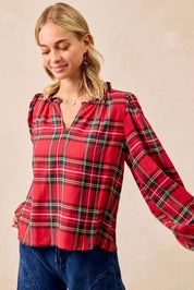 BiBi Christmas Plaid Balloon Sleeves Ruffled V-Neck Top | Daverri Fashions