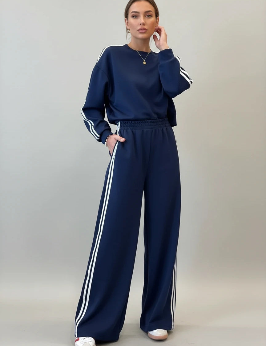 Navy blue polyester spandex tracksuit with white stripes, 2-piece set