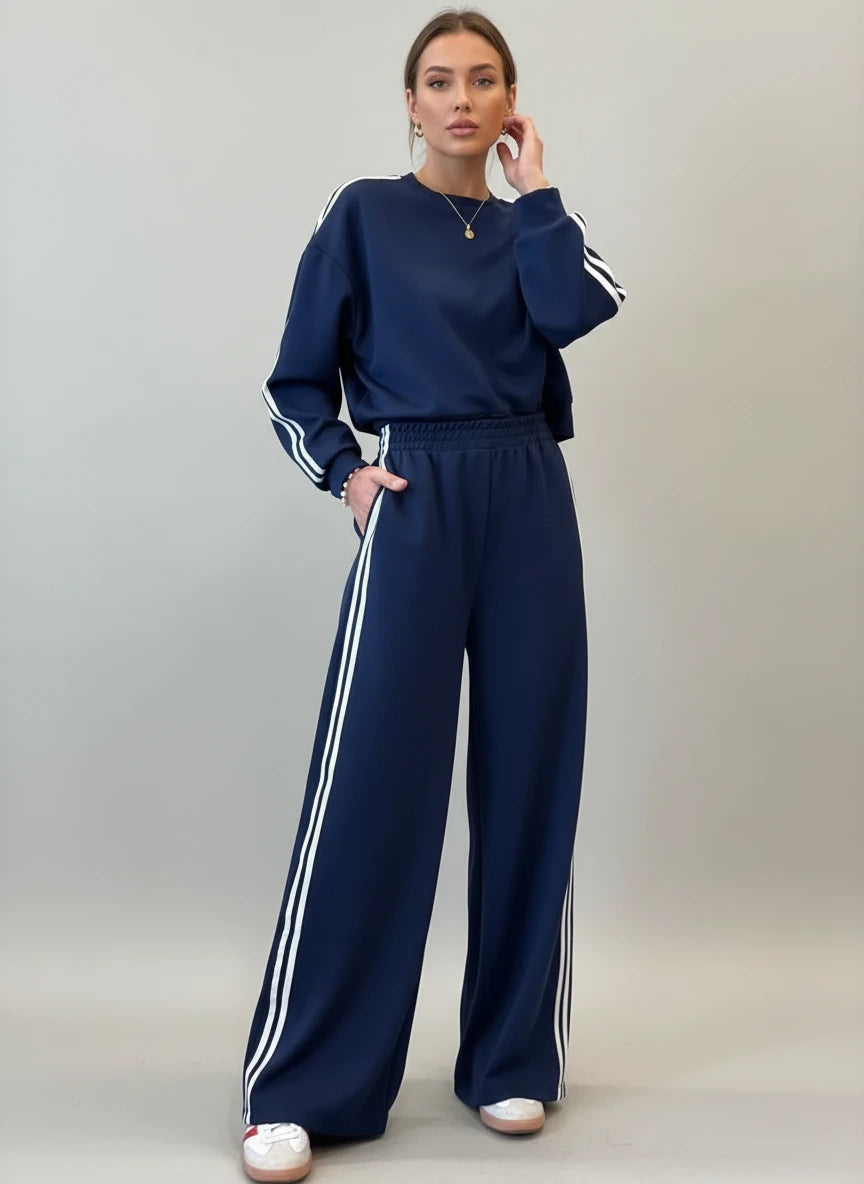 Navy blue polyester spandex tracksuit with white stripes, 2-piece set