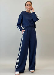 Navy blue polyester spandex tracksuit with white stripes, 2-piece set
