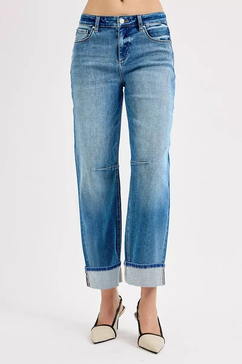 RISEN Slouchy Crop Barrel Cuffed Jeans - DAVERRI FASHIONS