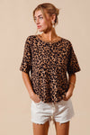 SO ME Leopard Thermal Waffle Knit Loose Fit Top, soft short-sleeve