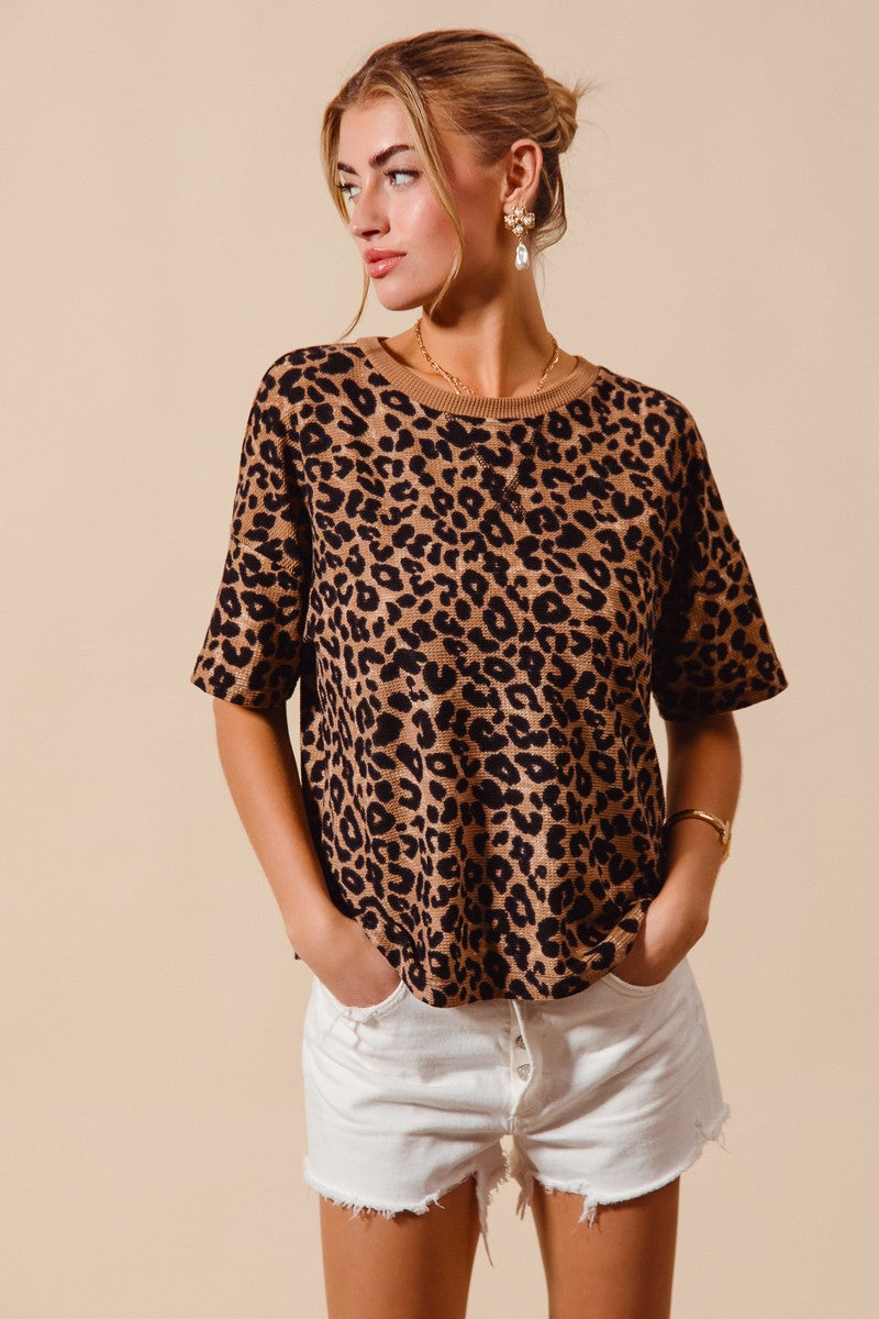 SO ME Leopard Thermal Waffle Knit Loose Fit Top, soft short-sleeve
