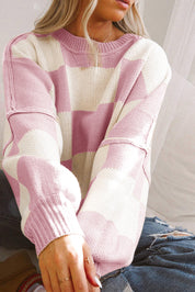 Checkered Bishop Sleeve Sweater | Sweaters Daverri Fashions