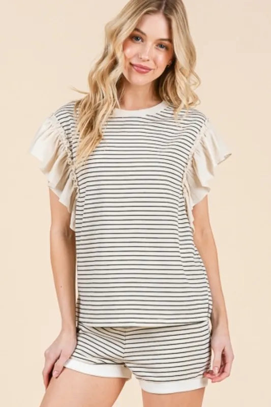 Lime 'N' Chili Striped Ruffle Sleeve Round Neck Top & Shorts Set