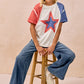 BiBi white t-shirt with red blue stars, raglan sleeves, July 4th theme