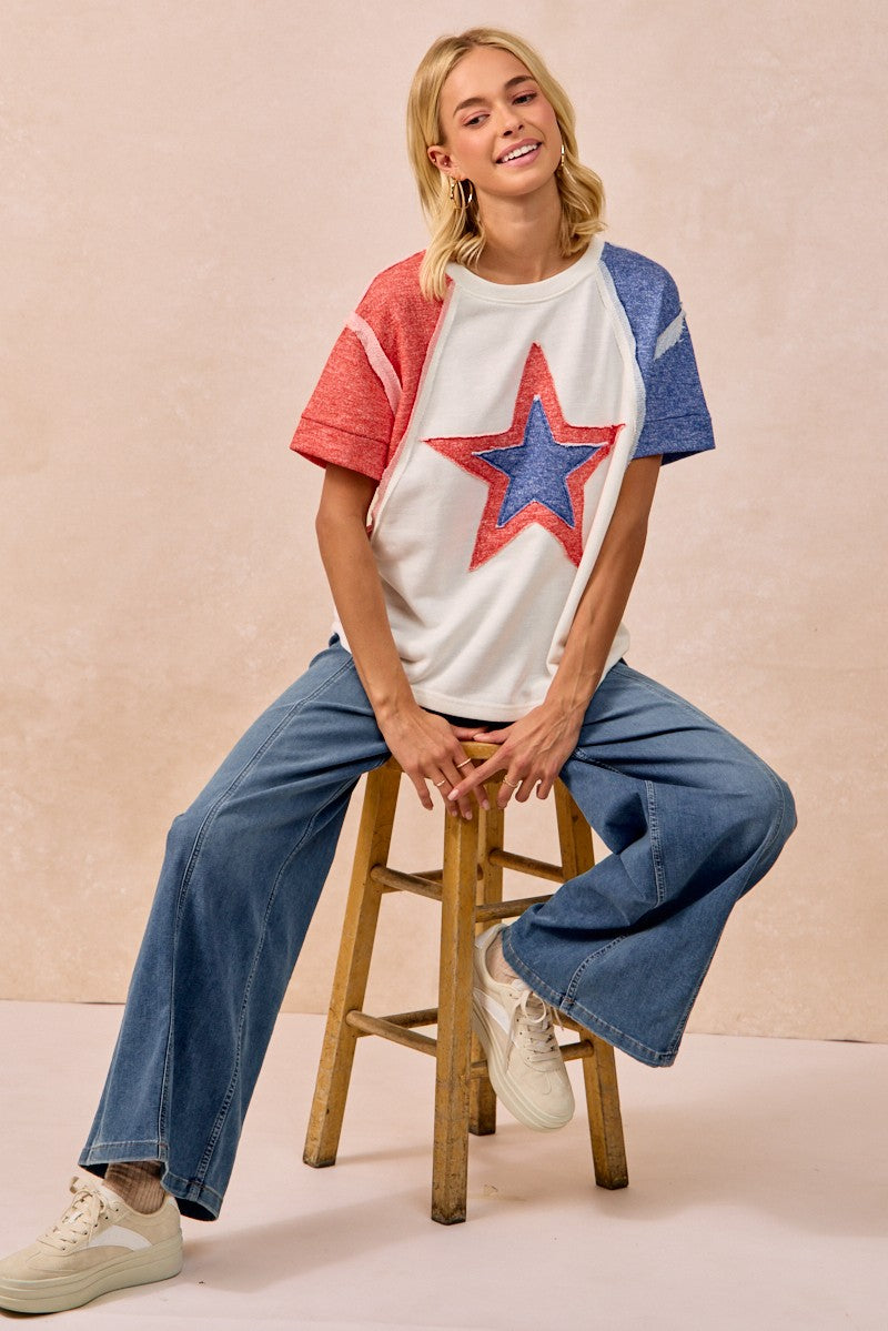 BiBi white t-shirt with red blue stars, raglan sleeves, July 4th theme