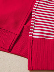 Red and white striped patchwork sleeve colorblock sweatshirt