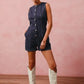 SO ME Button Up Front Washed Denim Sleeveless Romper Rompers