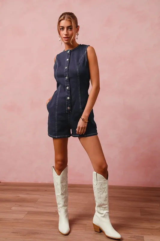 SO ME Button Up Front Washed Denim Sleeveless Romper Rompers