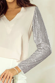 Sequin V-Neck Long Sleeve Blouse | Blouses Daverri Fashions