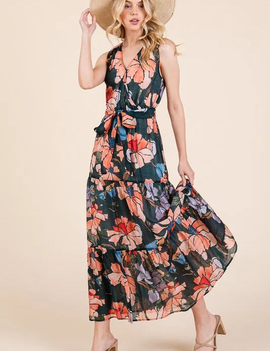 MULTI Lime 'N' Chili Floral Print Sleeveless Tie Waist Maxi Dress | Daverri Fashions