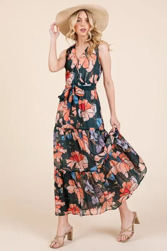 Lime 'N' Chili Floral Print Sleeveless Tie Waist Maxi Dress - DAVERRI FASHIONS