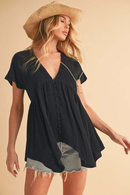 Aemi + Co Tuck Detail V-Neck Short Sleeve Blouse Blouses