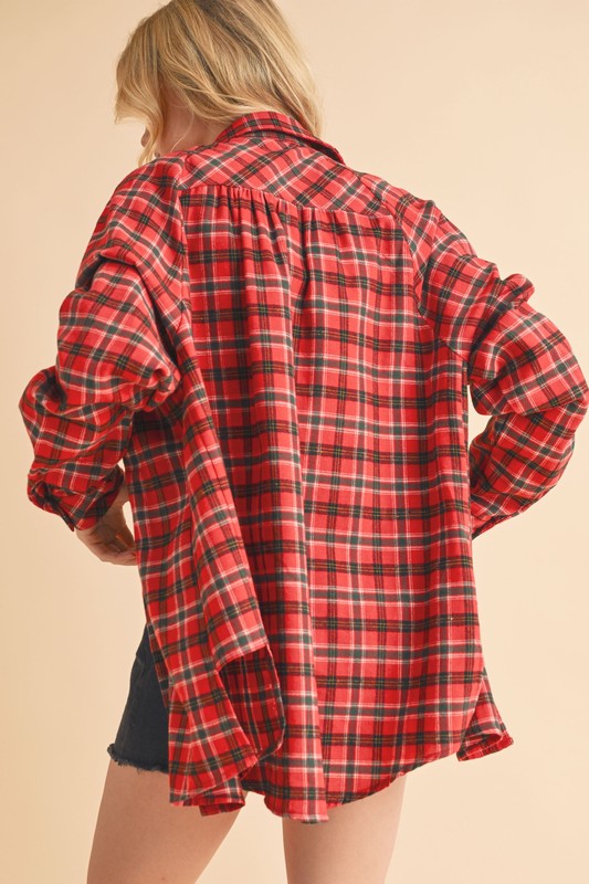 Aemi + Co Plaid Button Up Flannel Shirt with Chest Pocket