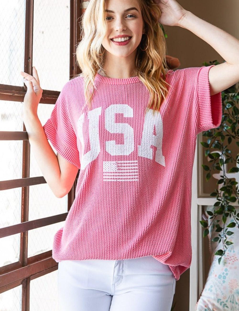 Coral Heimish Full Size USA Graphic Short Sleeve Ribbed Top | Tops Daverri Fashions