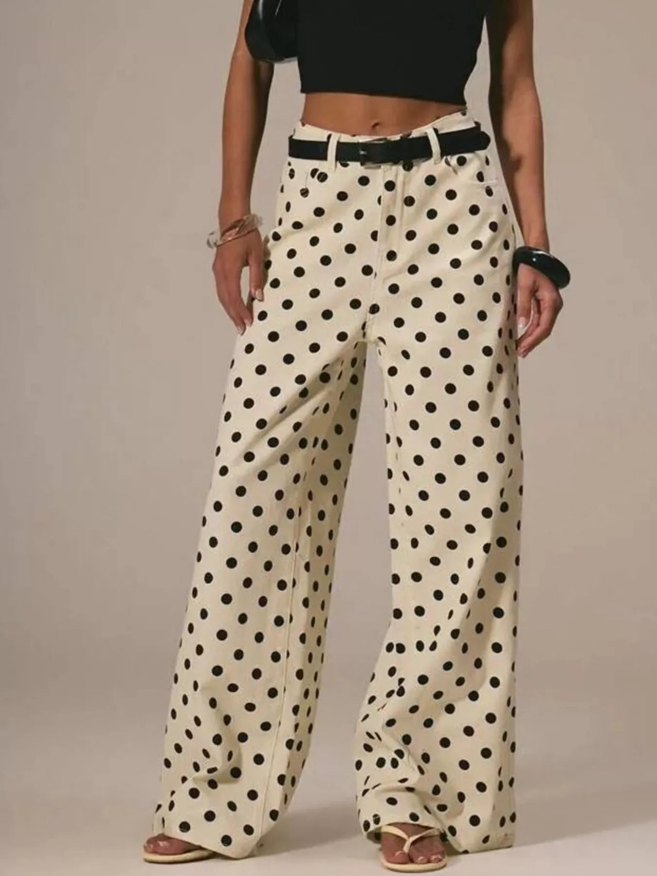 Daverri Polka Dot Wide Leg Jeans: cream trousers with black polka dots, belt