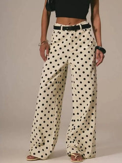 Daverri Polka Dot Wide Leg Jeans: cream trousers with black polka dots, belt