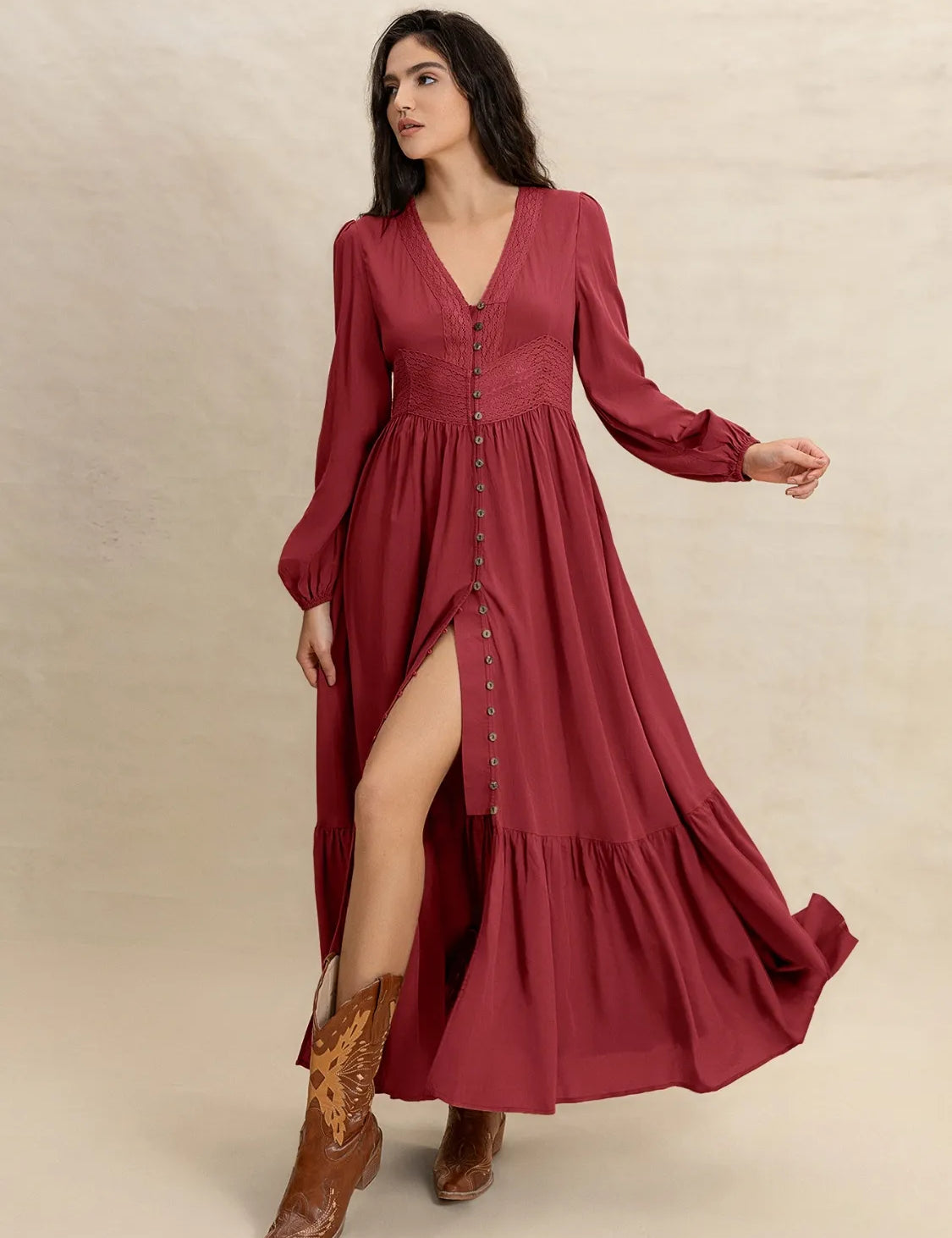 V-Neck Balloon Sleeve Ruffled Hem Maxi Dress | Daverri Fashions