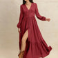V-Neck Balloon Sleeve Ruffled Hem Maxi Dress - DAVERRI FASHIONS