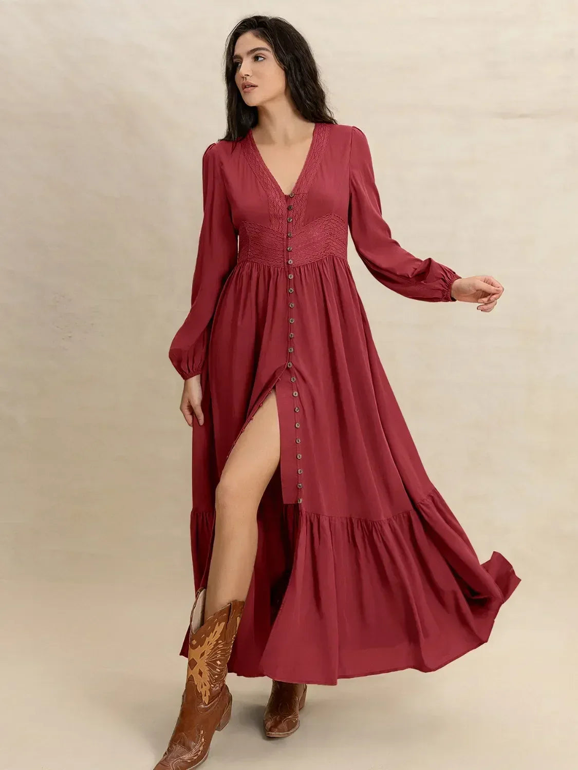 V-Neck Balloon Sleeve Ruffled Hem Maxi Dress - DAVERRI FASHIONS