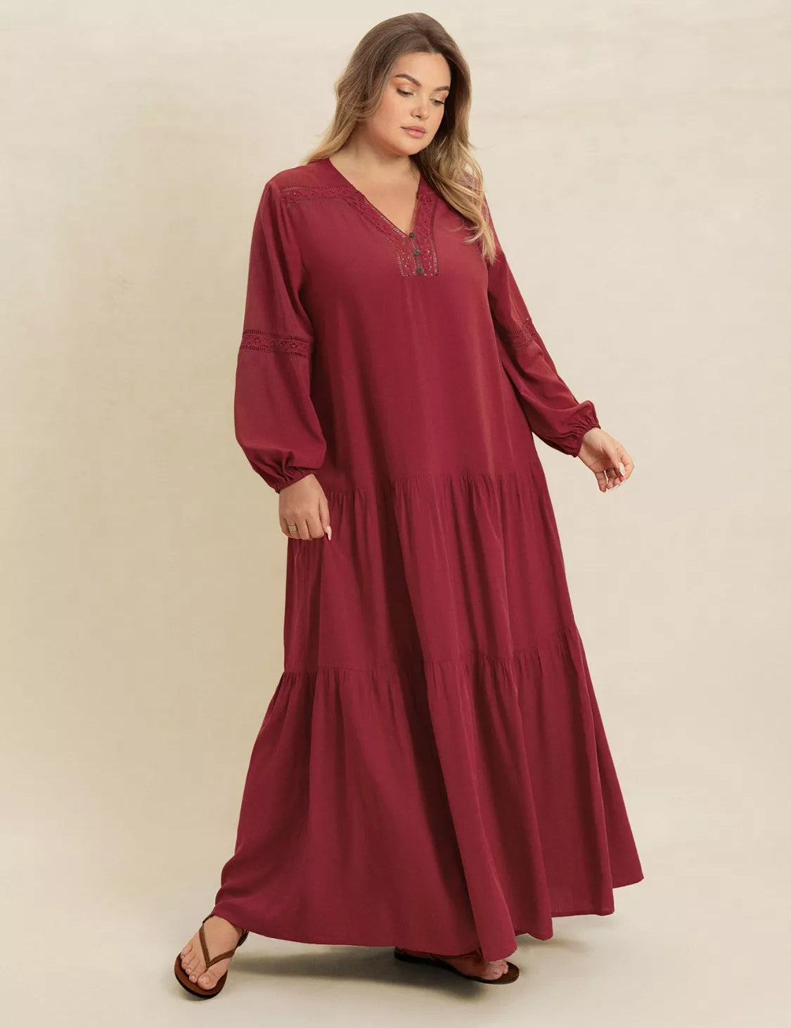 Burgundy Plus Size Bohemian Tiered Maxi Dress with Balloon Sleeves | Maxi Dresses Daverri Fashions