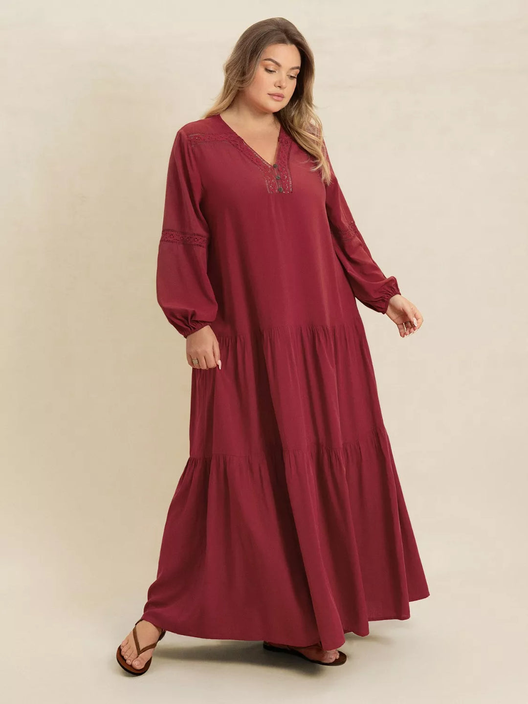 Burgundy Plus Size Bohemian Tiered Maxi Dress with Balloon Sleeves | Maxi Dresses Daverri Fashions