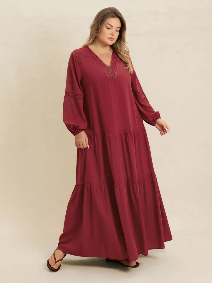 Burgundy Plus Size Bohemian Tiered Maxi Dress with Balloon Sleeves | Maxi Dresses Daverri Fashions