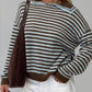 Women’s dark brown and light blue striped dropped shoulder knit sweater with collar