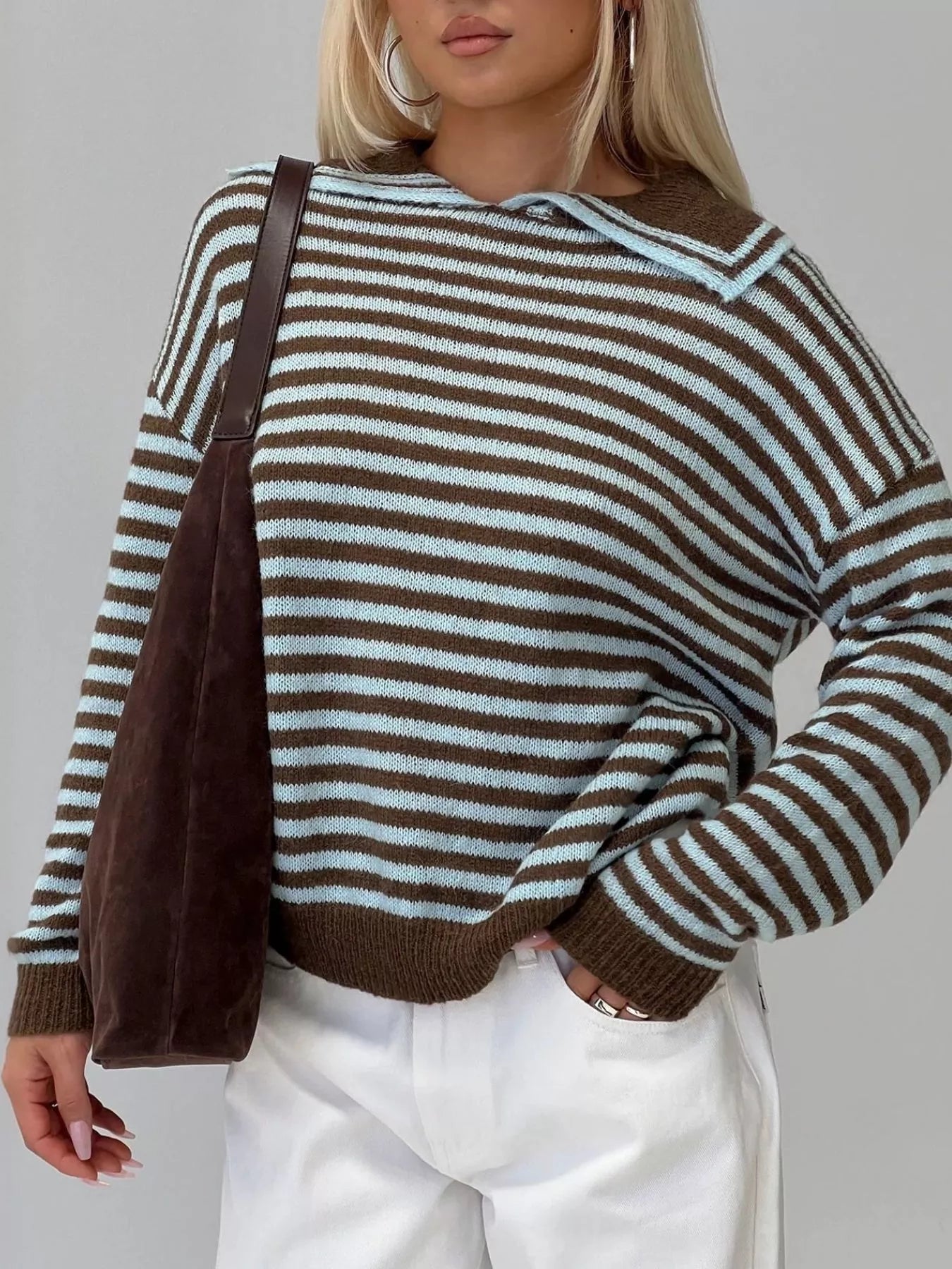 Women’s dark brown and light blue striped dropped shoulder knit sweater with collar