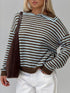 Women’s dark brown and light blue striped dropped shoulder knit sweater with collar