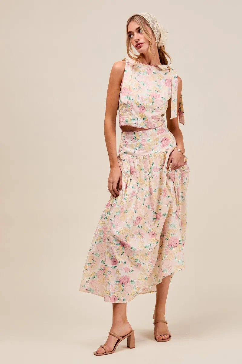 SO ME Floral Printed Woven Shoulder Bow Tie Top and Skirt Set Outfit Sets