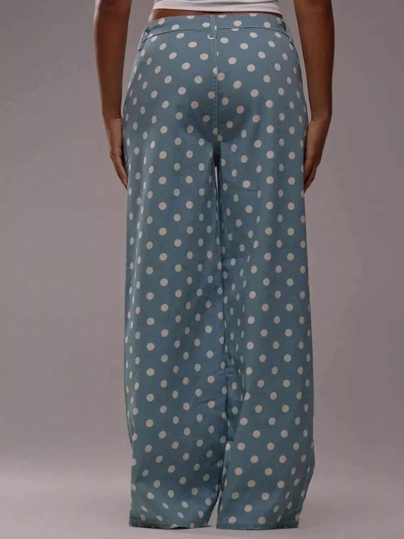 Daverri Polka Dot Wide Leg Jeans in light blue with white polka dots