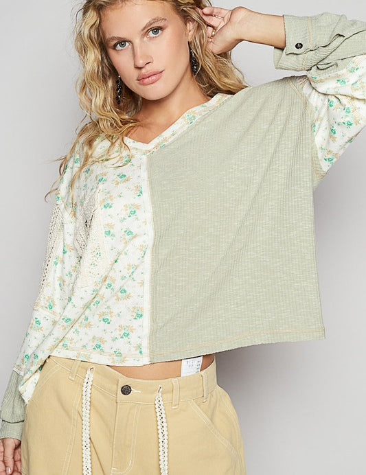 POL Floral Crochet Patch V-Neck Top Sage