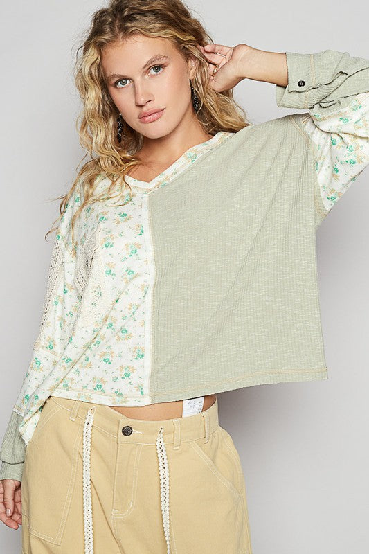 POL Floral Crochet Patch V-Neck Top Sage